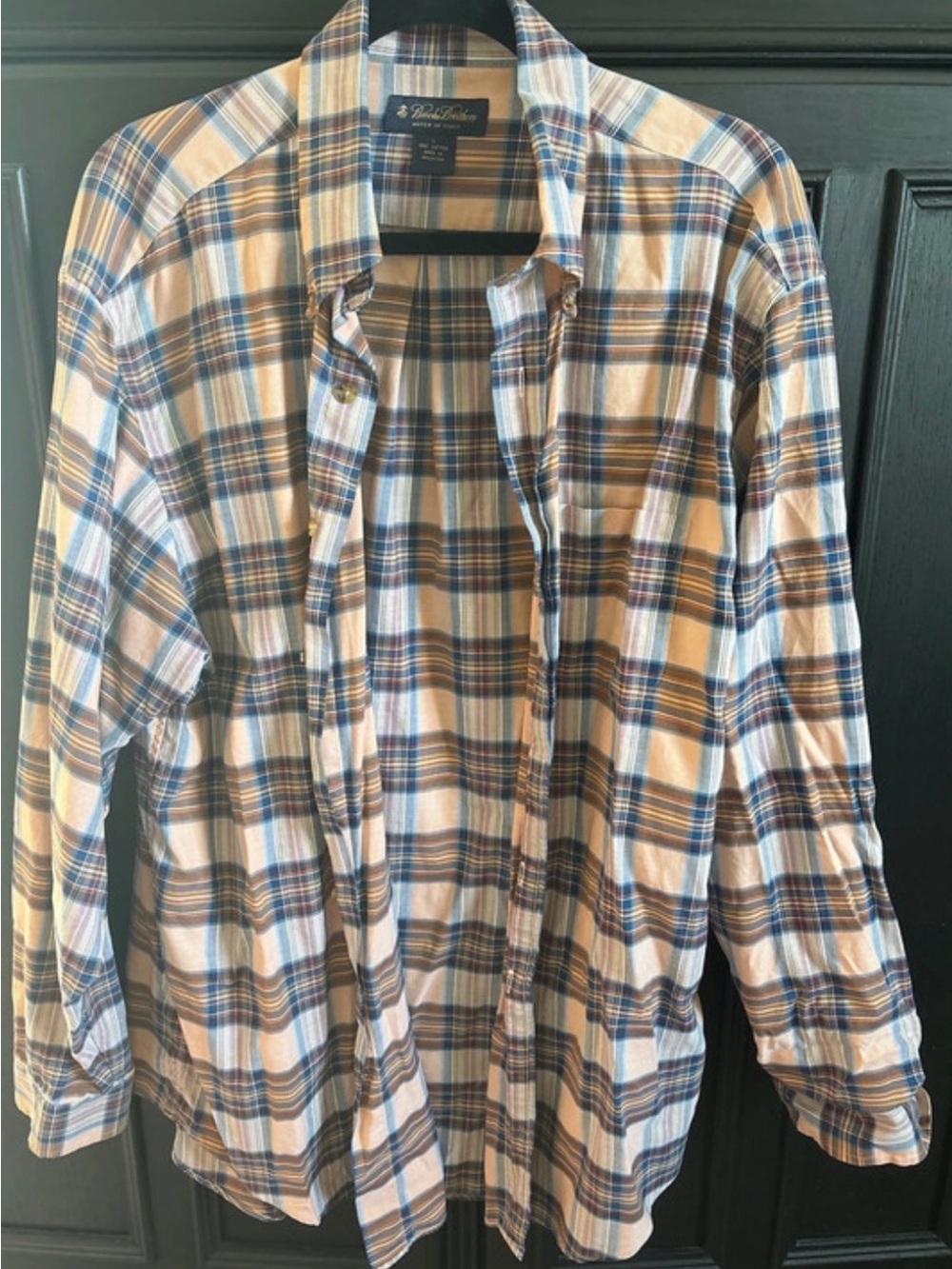Brooks Brothers Blue and Tan Plaid Cotton Button-Down Shirt